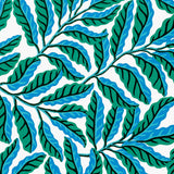 Pattern of green and blue leaves on a white background