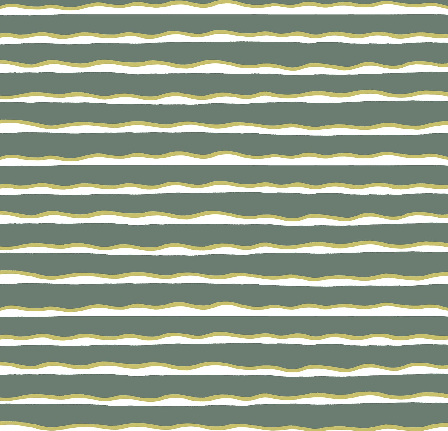 Detail of fabric in an undulating stripe pattern in olive and white on a green field.