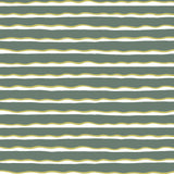 Detail of fabric in an undulating stripe pattern in olive and white on a green field.