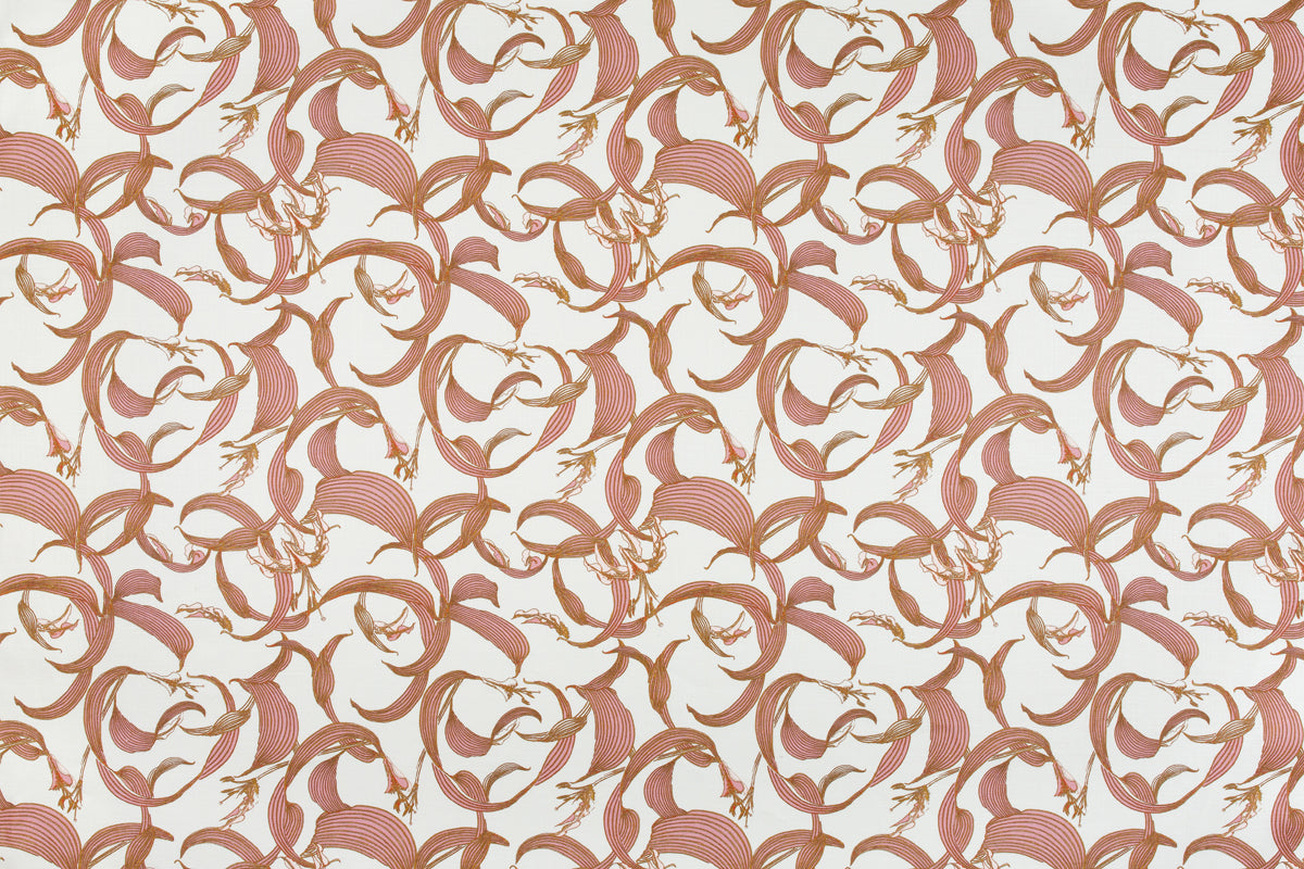 Detail of fabric in an abstract floral print in shades of pink on a cream field.
