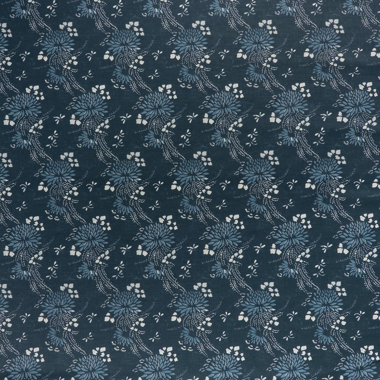 printed linen fabric in a floral and dot pattern in blue and white on a navy field.