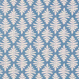Detail of fabric in a repeating fern leaf print in white on a light blue field.