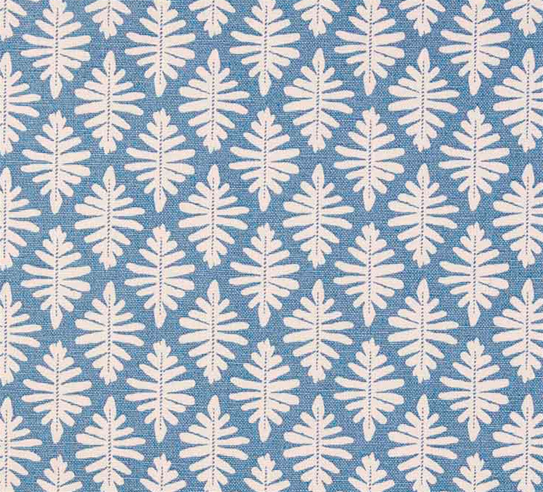 Detail of fabric in a repeating fern leaf print in white on a light blue field.