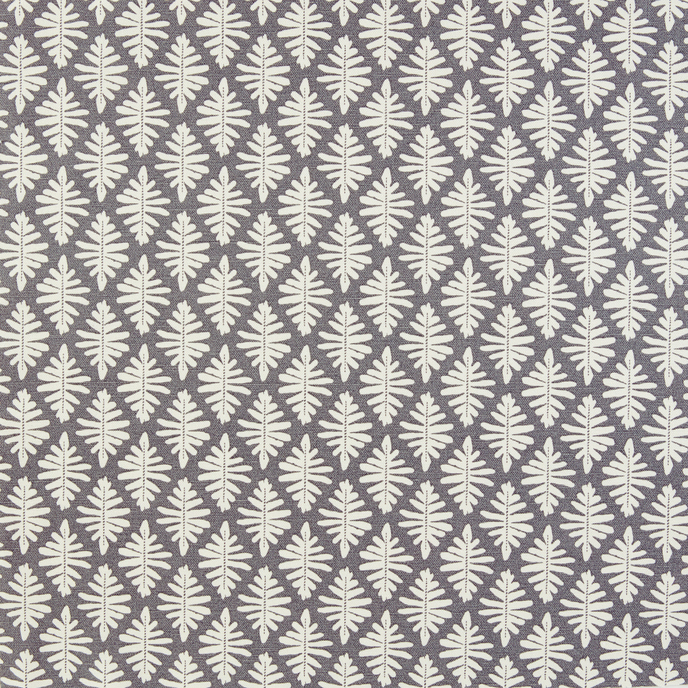 Detail of fabric in a repeating fern leaf print in white on a charcoal field.