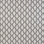 Detail of fabric in a repeating fern leaf print in white on a charcoal field.