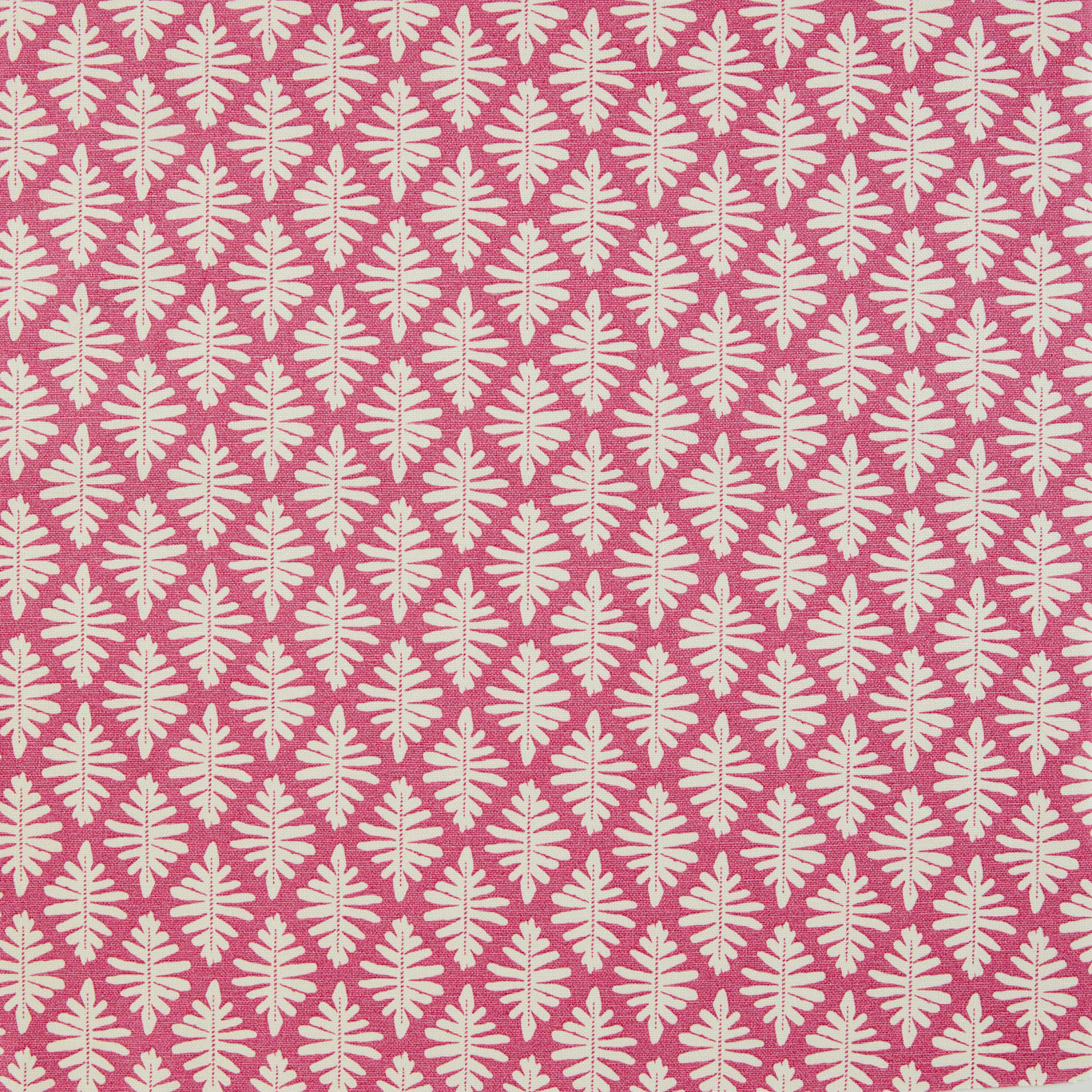 Detail of fabric in a repeating fern leaf print in white on a pink field.