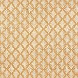 Detail of fabric in a repeating fern leaf print in white on a mustard field.