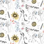 Detail of fabric in a playful sketched print of faces, suns and bulls in black, yellow and blue on a white field.