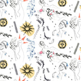 Detail of fabric in a playful sketched print of faces, suns and bulls in black, yellow and blue on a white field.