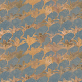 Detail of fabric in an abstract lotus print in gold on a dusty blue field.