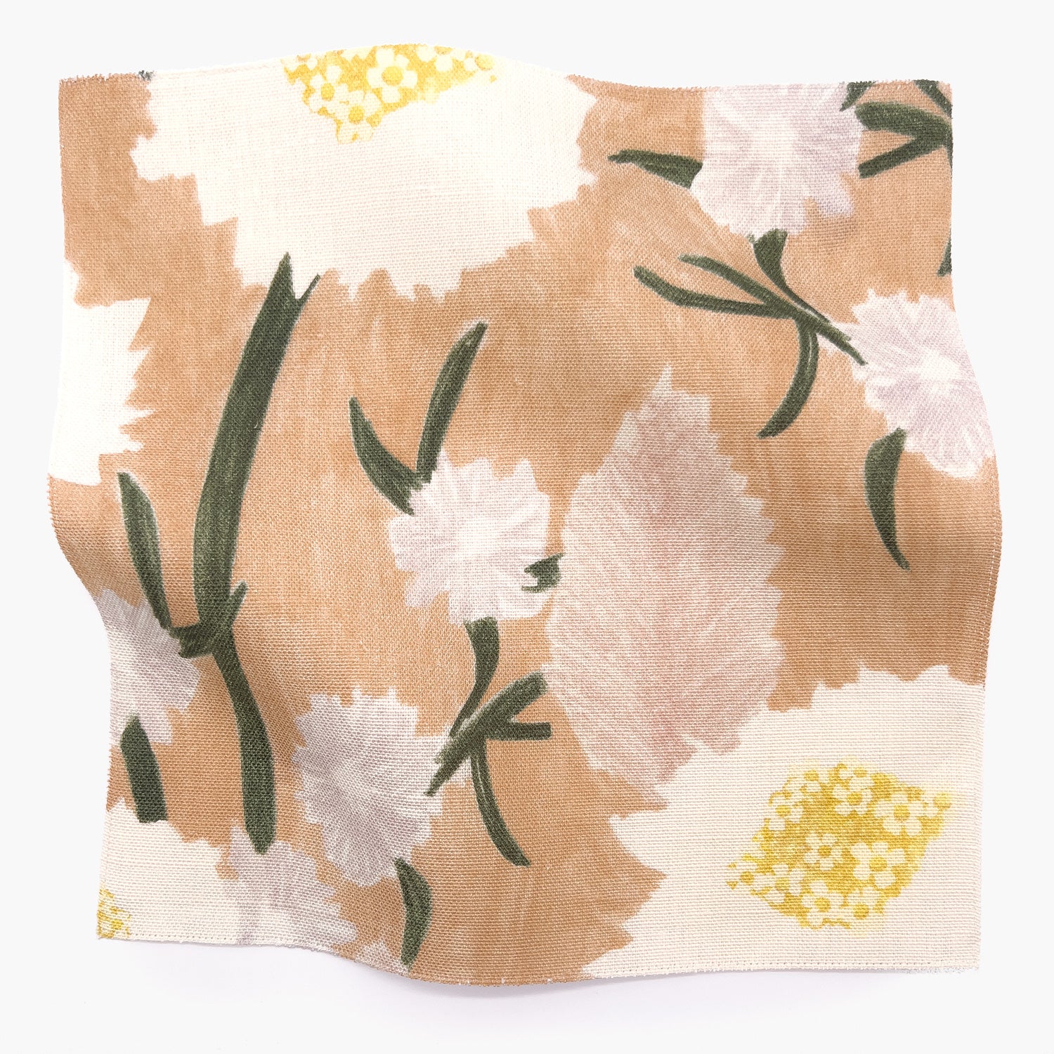 Square fabric swatch in a playful floral print in shades of pink, white, yellow and green on a coral field.