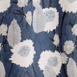 Draped fabric in a playful floral print in shades of white and gray on a navy field.