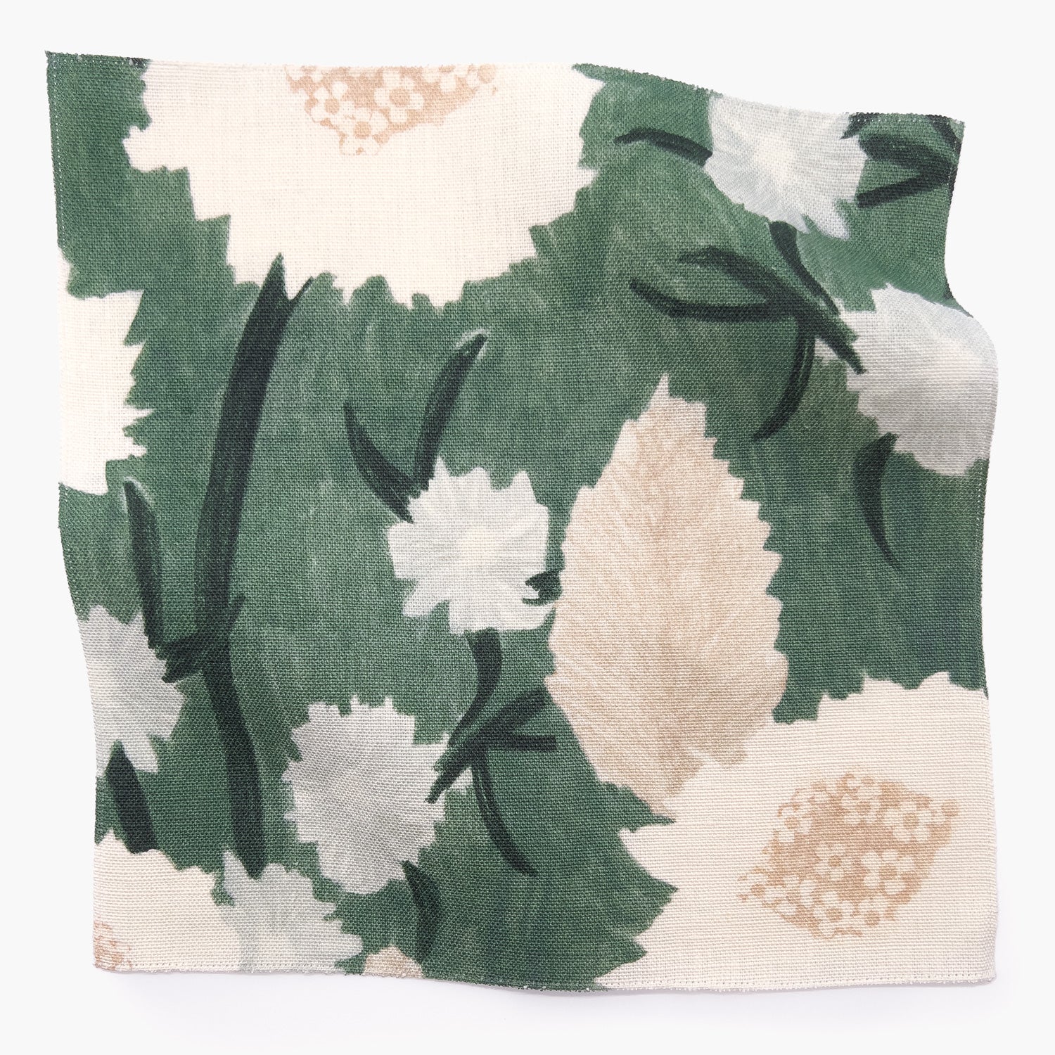 Square fabric swatch in a playful floral print in shades of white, pink and green on a light green field.