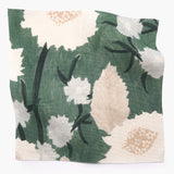 Square fabric swatch in a playful floral print in shades of white, pink and green on a light green field.