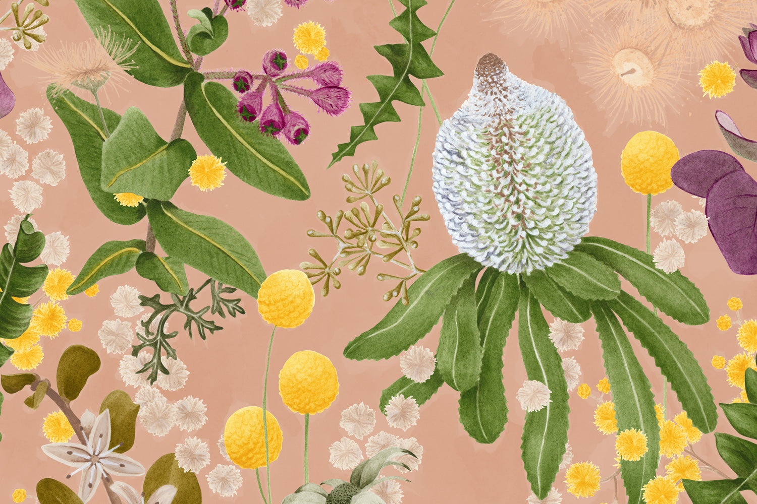 Detail of wallpaper in a large-scale botanical print in shades of pink, yellow and green on a coral field.