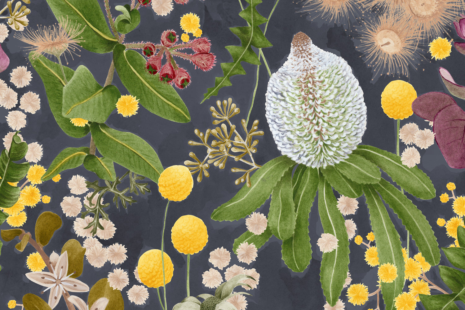 Detail of wallpaper in a large-scale botanical print in shades of pink, yellow and green on a navy field.