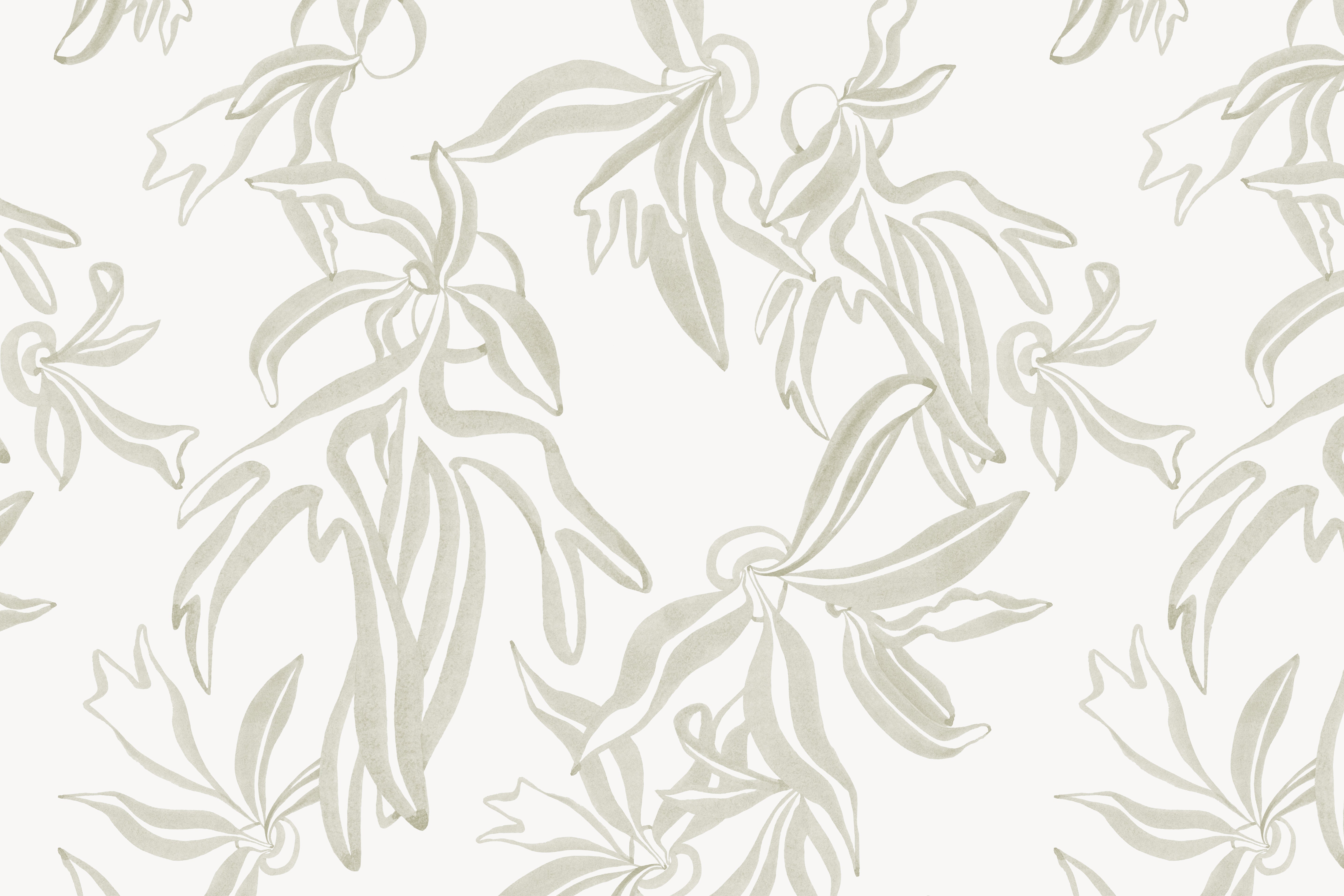 Detail of wallpaper in a painterly leaf print in cream on a white field.