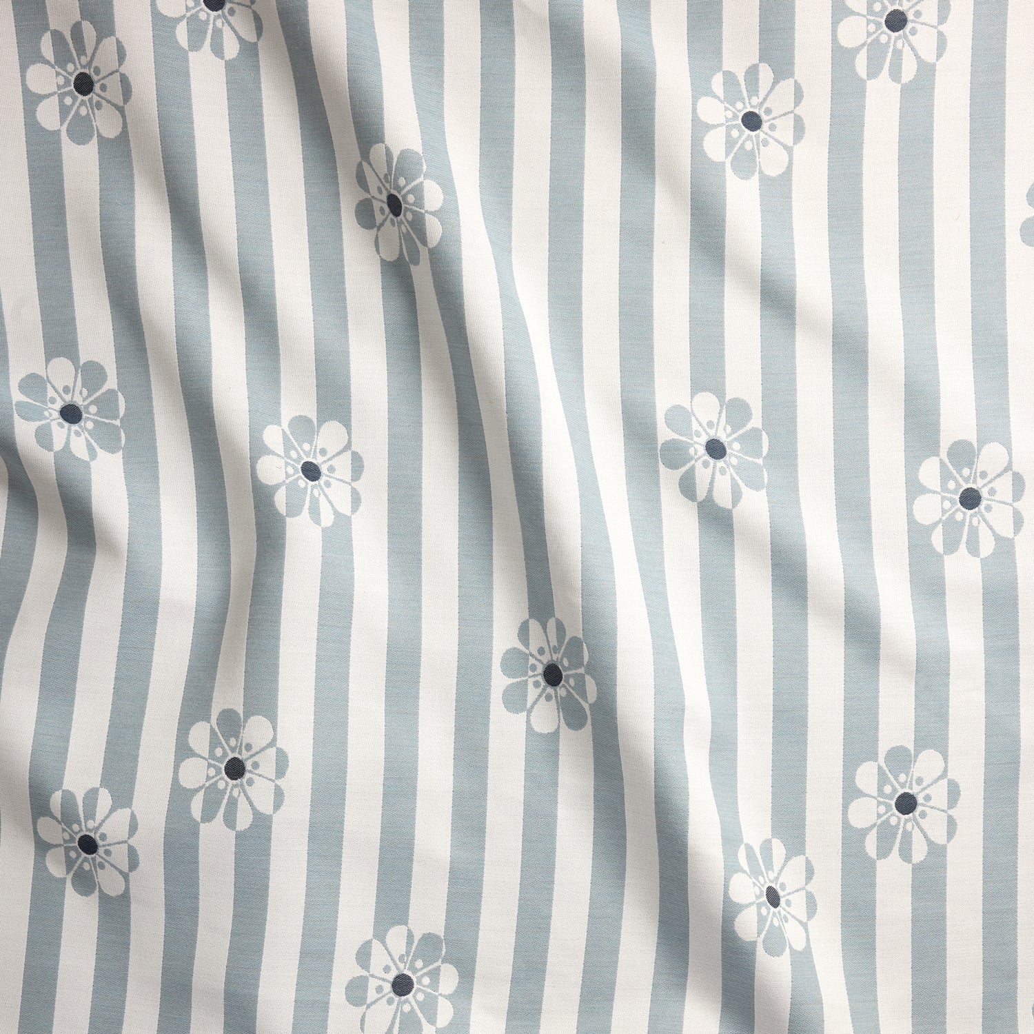 Fabric with blue and white stripes and floral patterns