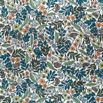 Detail of fabric in a small-scale floral print in shades of blue, green and orange on a white field.