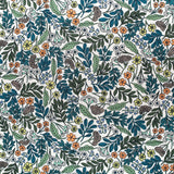 Detail of fabric in a small-scale floral print in shades of blue, green and orange on a white field.