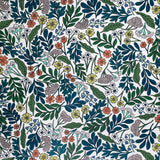 Detail of wallpaper in a small-scale floral print in shades of blue, green and orange on a white field.