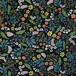 Detail of wallpaper in a small-scale floral print in shades of blue, green and orange on a black field.