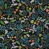 Detail of wallpaper in a small-scale floral print in shades of blue, green and orange on a black field.