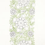 Detail of fabric in a floral stripe print in green, gray and purple on a white field.