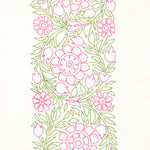 Detail of fabric in a floral stripe print in green, pink and purple on a white field.