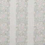 Detail of fabric in a floral stripe print in pastel green, blue and pink on a cream field.