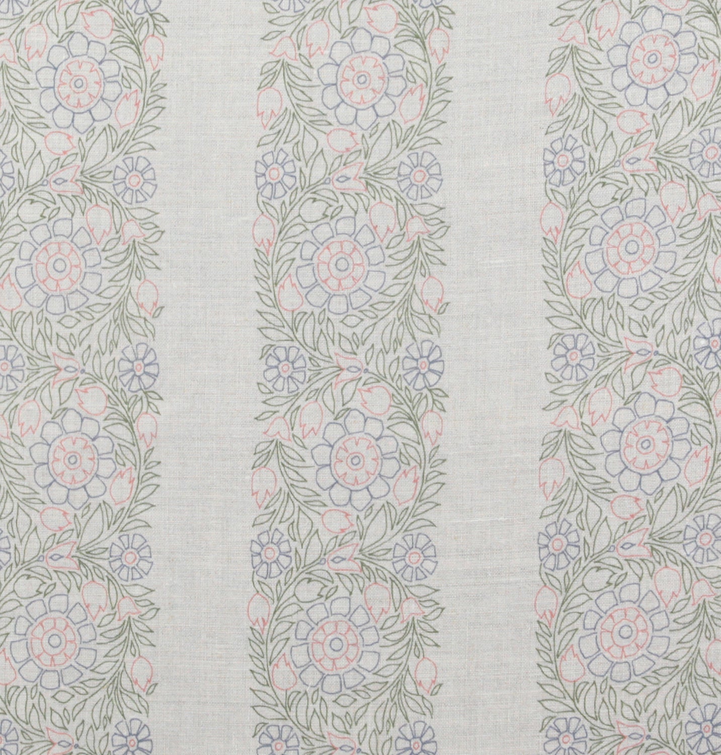 Detail of fabric in a floral stripe print in pastel green, blue and pink on a cream field.