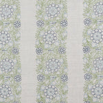 Detail of fabric in a floral stripe print in green, blue and navy on a cream field.