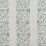 Detail of fabric in a floral stripe print in green, blue and navy on a cream field.