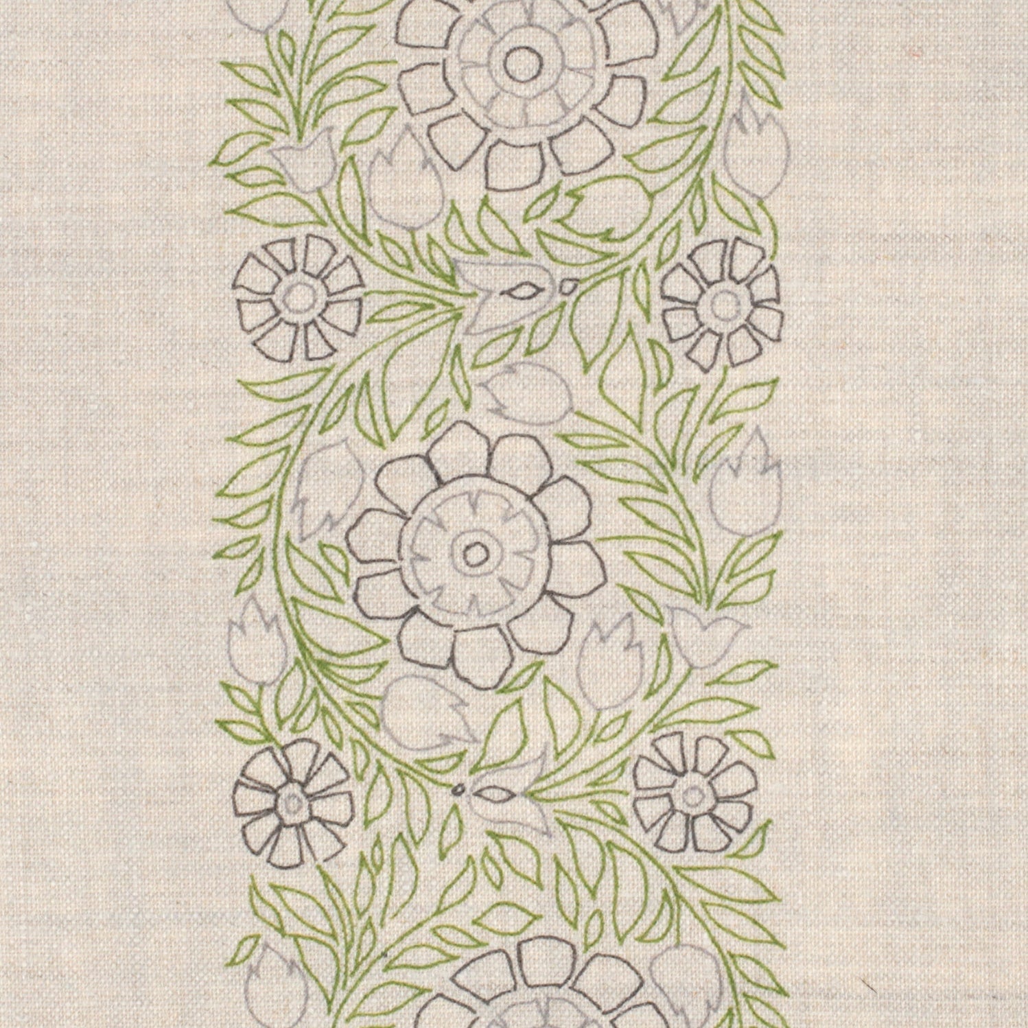 Detail of fabric in a floral stripe print in green, gray and purple on a cream field.