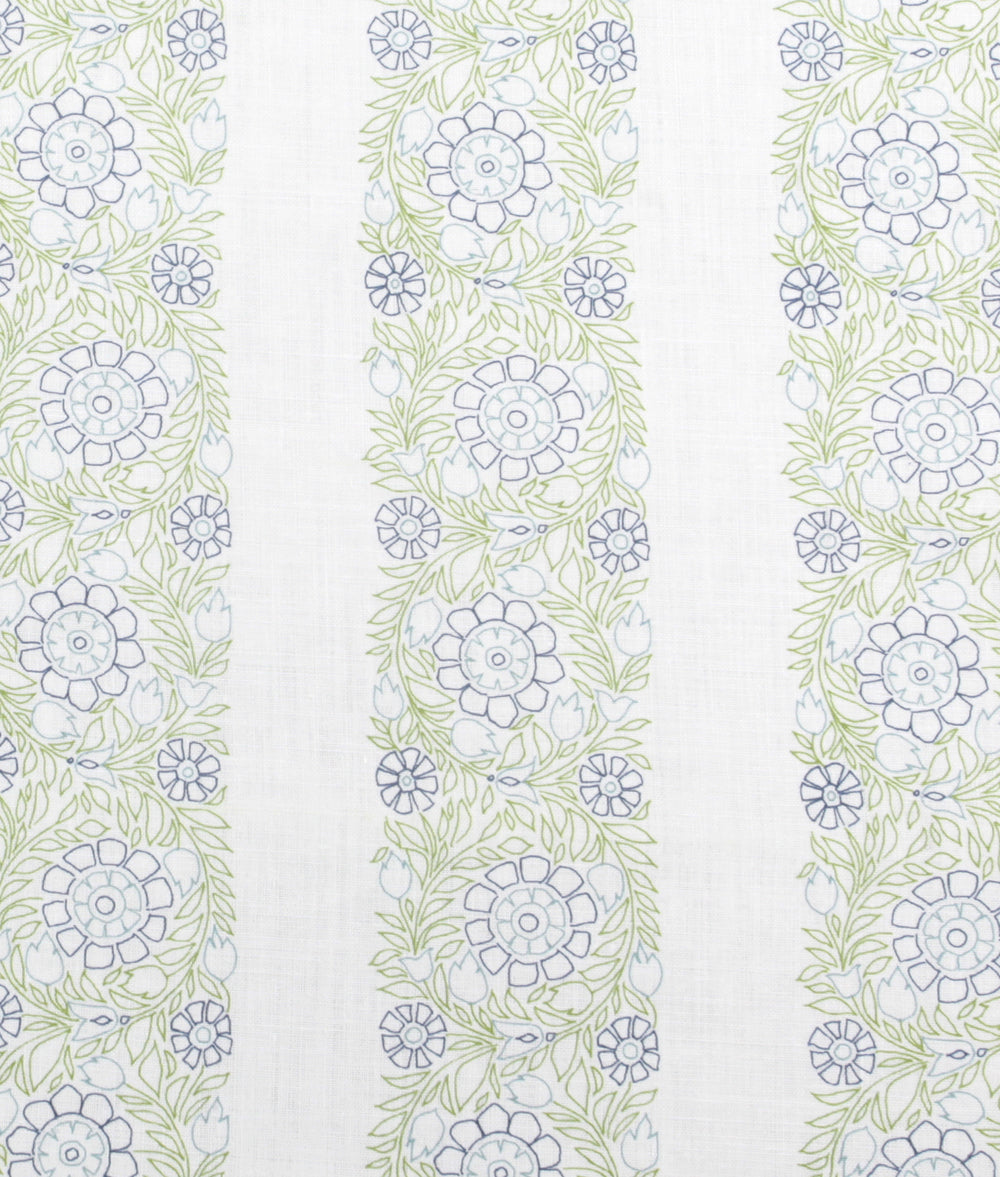 Detail of fabric in a floral stripe print in green, blue and navy on a white field.