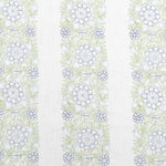 Detail of fabric in a floral stripe print in green, blue and navy on a white field.