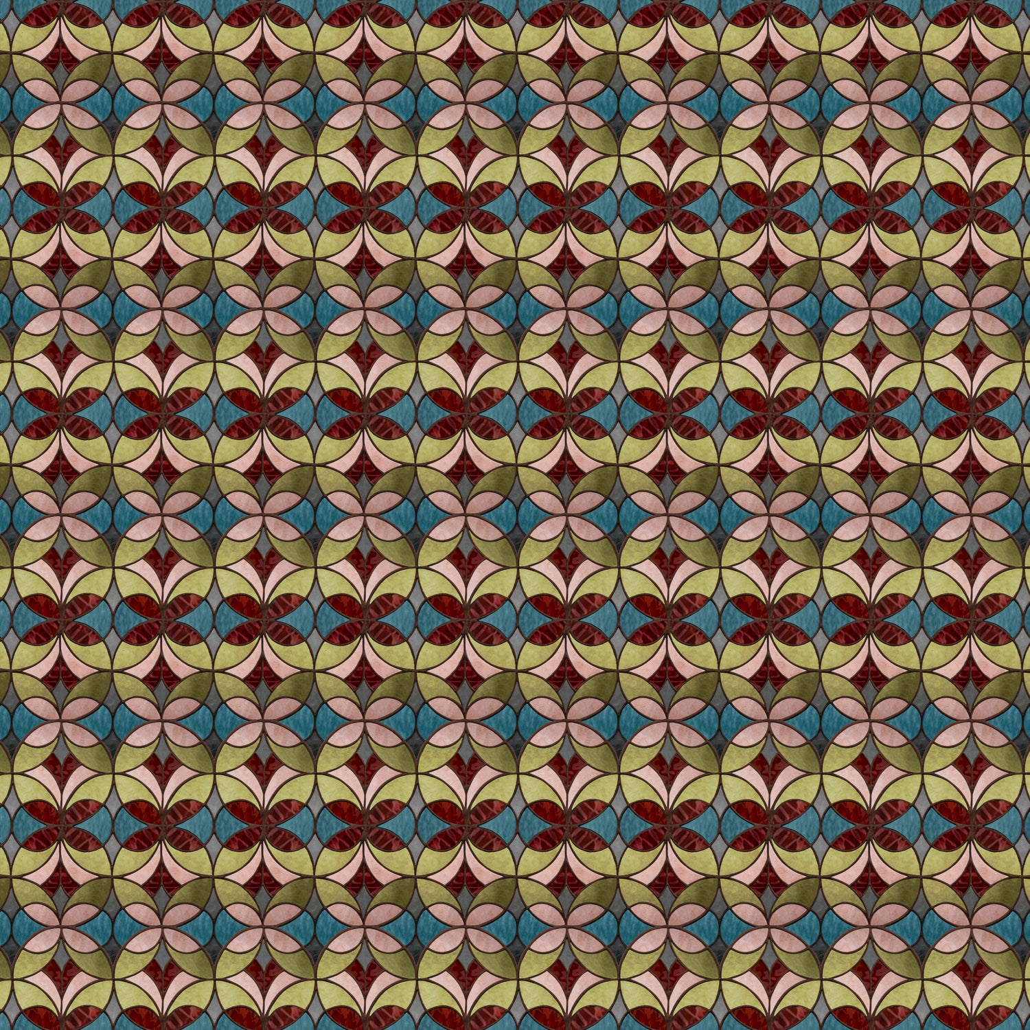 Wallpaper with geometric stained glass pattern pattern with red, turquoise, pink and green. 