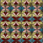 Wallpaper with geometric stained glass pattern pattern with red, turquoise, pink and green. 