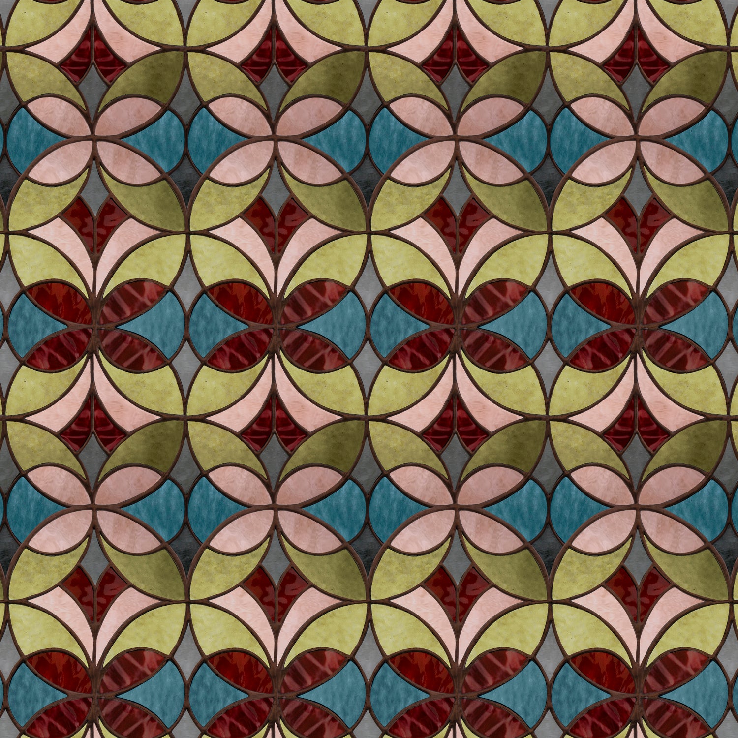 Wallpaper with geometric stained glass pattern pattern with red, turquoise, pink and green. 