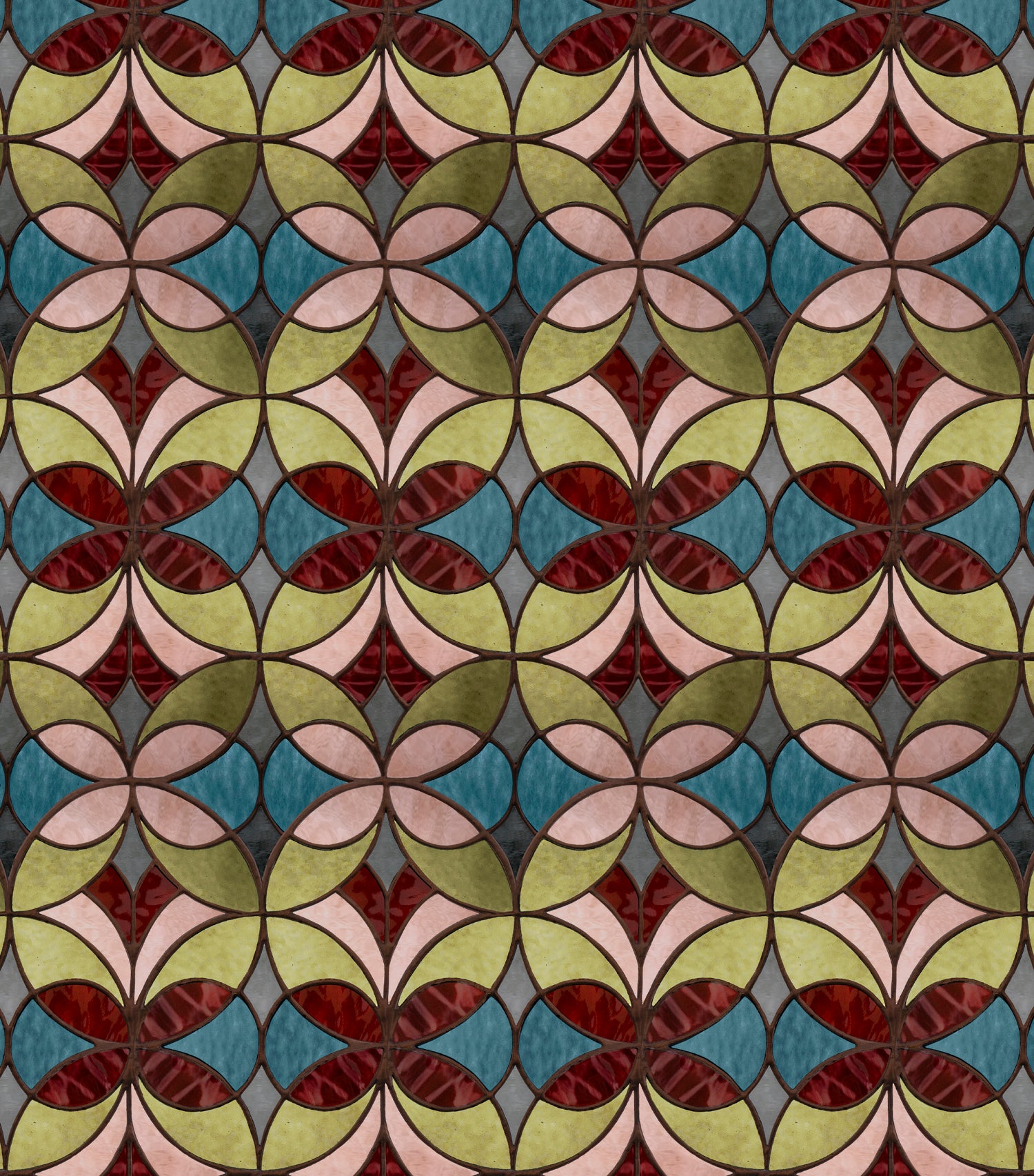 Wallpaper with geometric stained glass pattern pattern with red, turquoise, pink and green. 