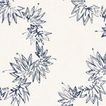 Wallpaper detail with stripe pattern of stylized dark blue leaves on a cream background