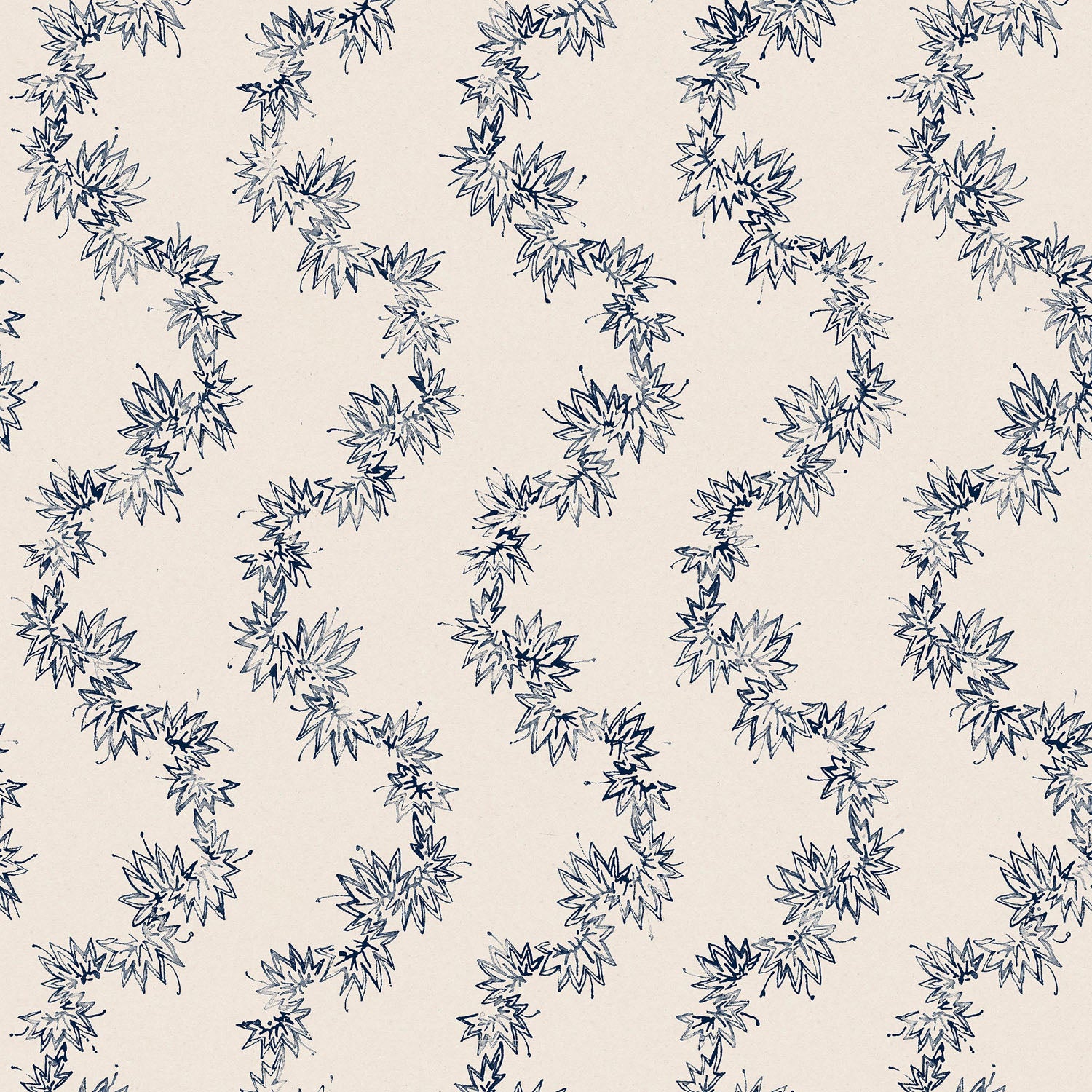 Wallpaper with stripe pattern of stylized dark blue leaves on a cream background