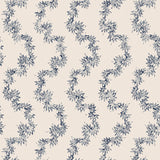 Wallpaper with stripe pattern of stylized dark blue leaves on a cream background