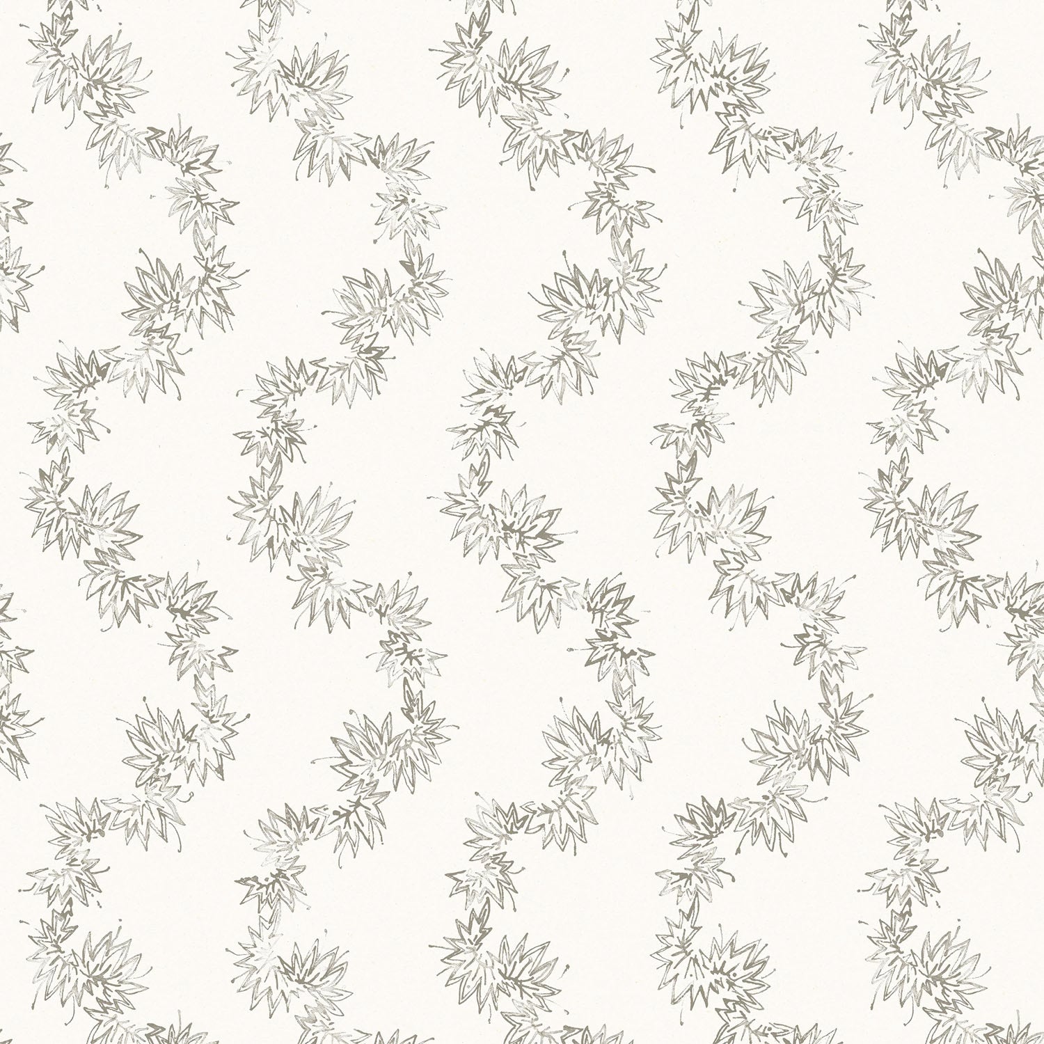Wallpaper with stripe pattern of stylized grey leaves on a cream background