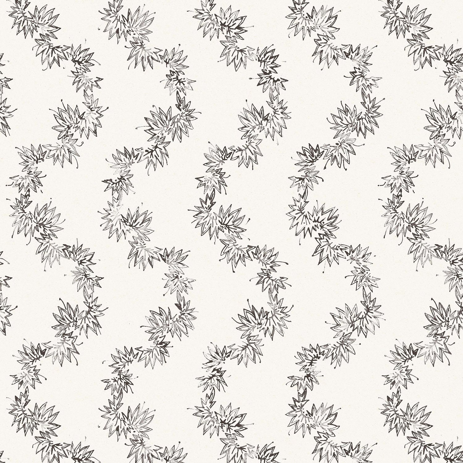Wallpaper with stripe pattern of stylized ink black leaves on a cream background