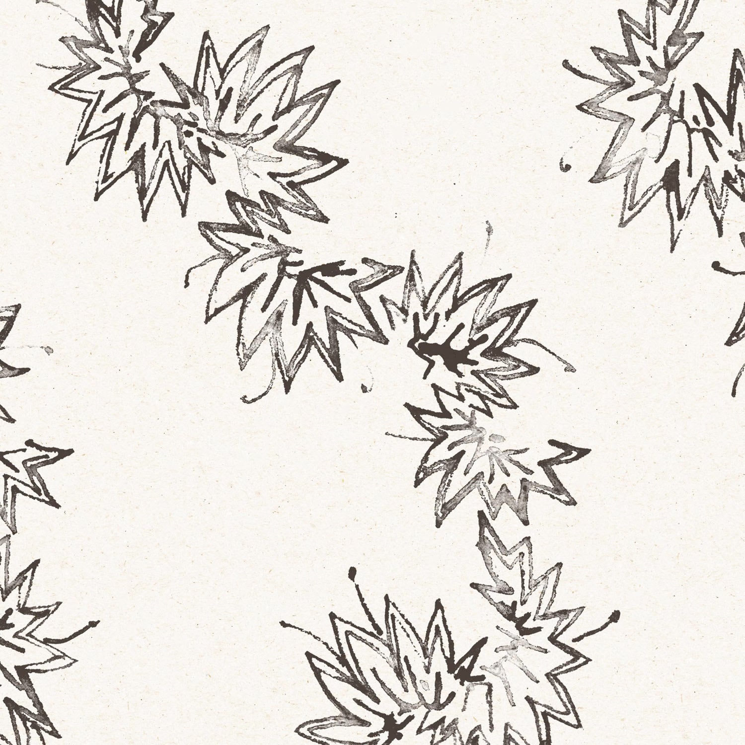 Detail of wallpaper with stripe pattern of stylized ink black leaves on a cream background