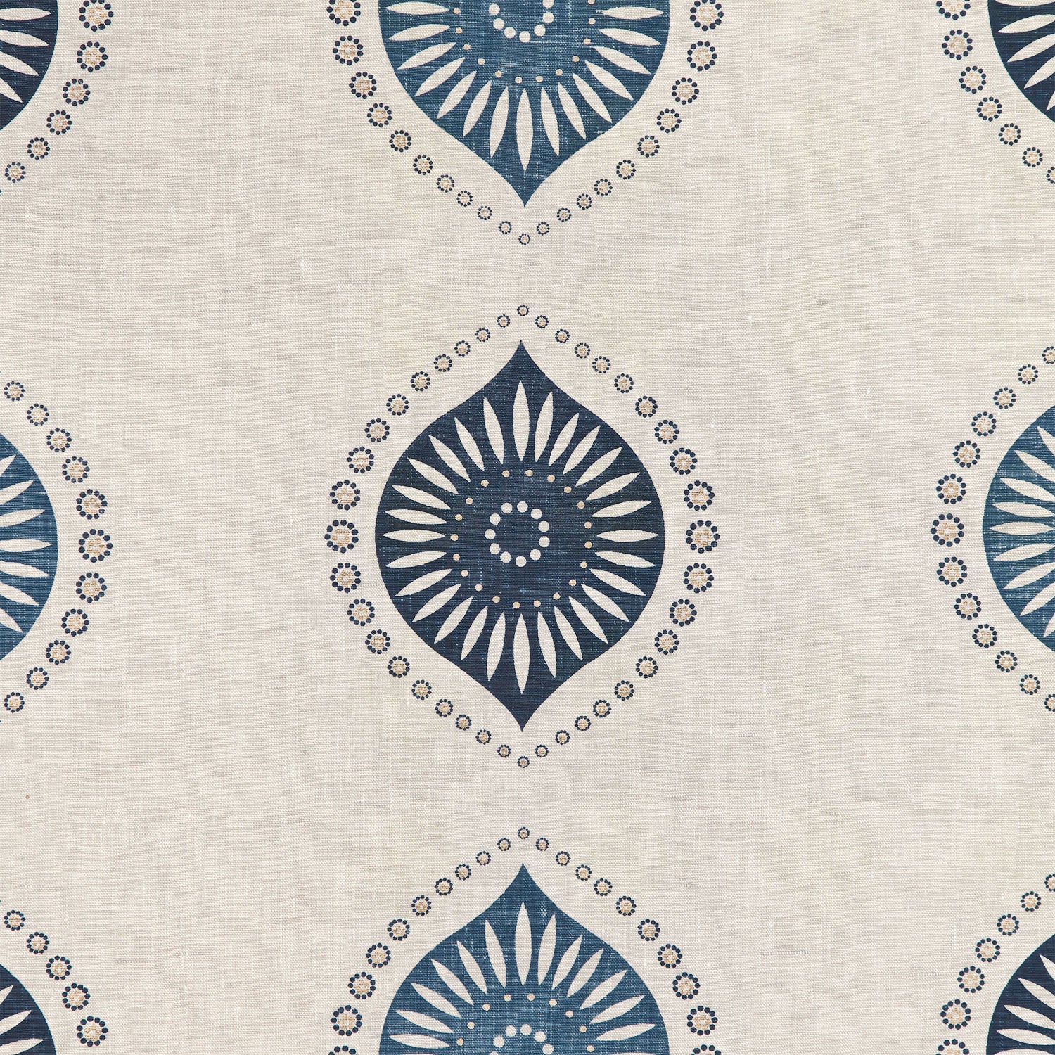 Fabric with a repeating floral print in tan and navy on a cream field.