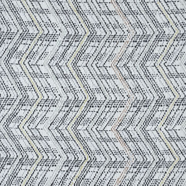 Broadloom carpet in a graphic herringbone stripe in black with pastel accents on a white field. 