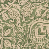 Detail of fabric in a painterly floral paisley in shades of green on a tan field.