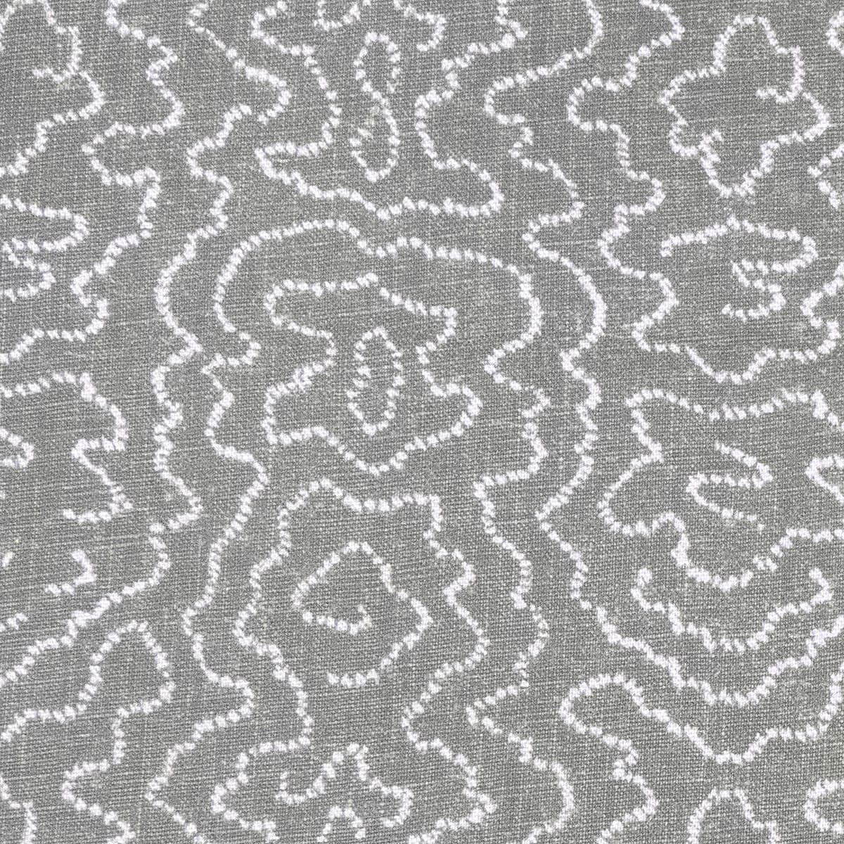 Detail of fabric in a minimalist wood grain print in white on a gray field.